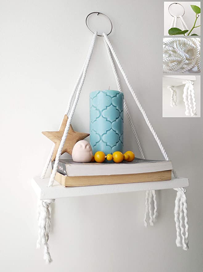 White Wood Hanging Shelf Bohemian Nordic Style Floating Swing Rope