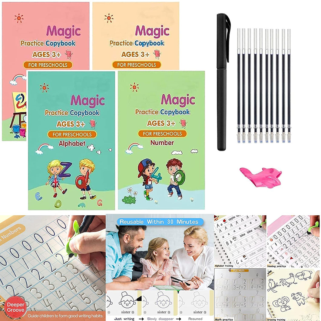 Magic Practice Reusable Copybook ( Set of 4 Books + Free Pen + 10 Refills )